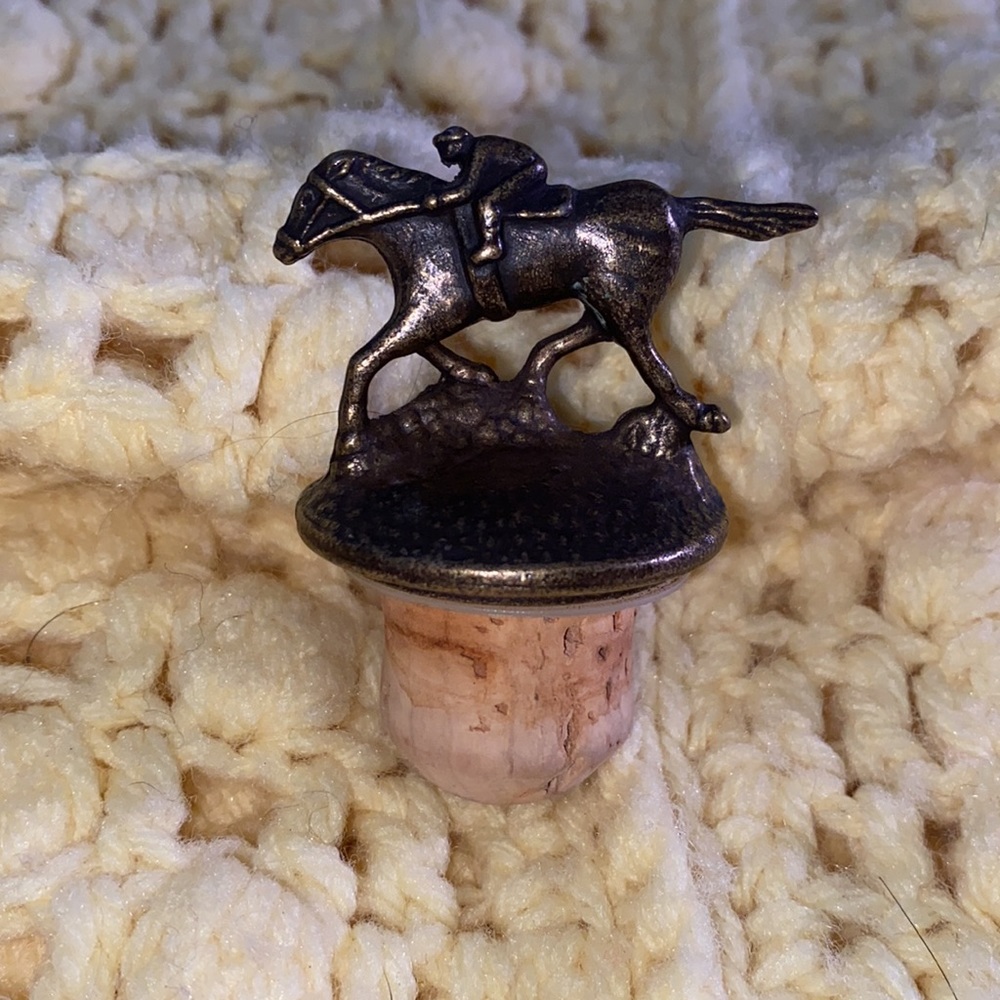 Blantons bourbon cork bottle topper with brass racehorse and jockey display